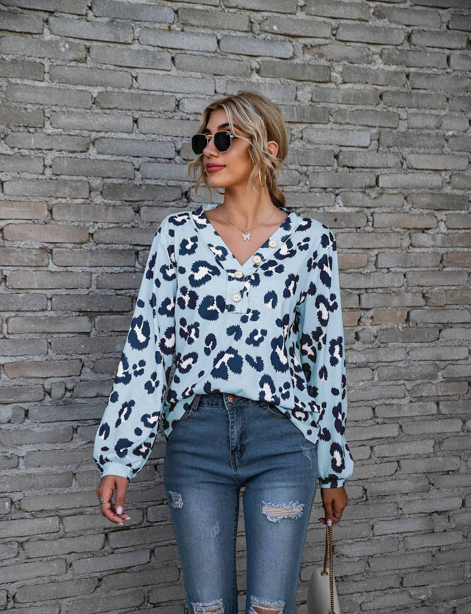 Robyn – Leopardenmuster V-Ausschnitt T-Shirt mit langen Ärmeln für Damen