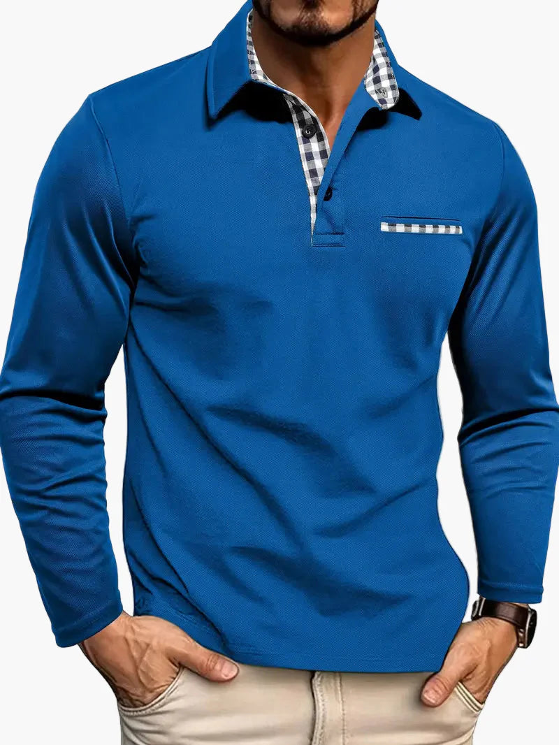 Herren Langarm Poloshirt mit Karomuster-Details – Eleganter und Vielseitiger Freizeitstil