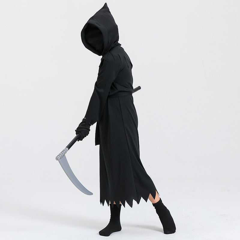 Halloween Kinder Grim Reaper Kostüm mit Sense – Unisex Grusel-Outfit für Halloween-Partys & Trick-or-Treat