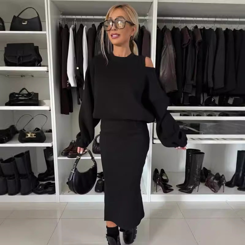 Judith – Langer Rock mit Off-Shoulder Pullover und Fledermausärmeln