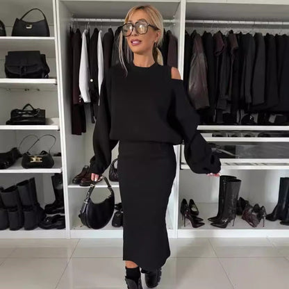 Judith – Langer Rock mit Off-Shoulder Pullover und Fledermausärmeln