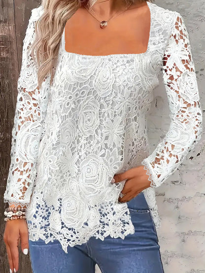 Sophie – Langarmshirt mit Quadratischem Ausschnitt und Floraler Spitze