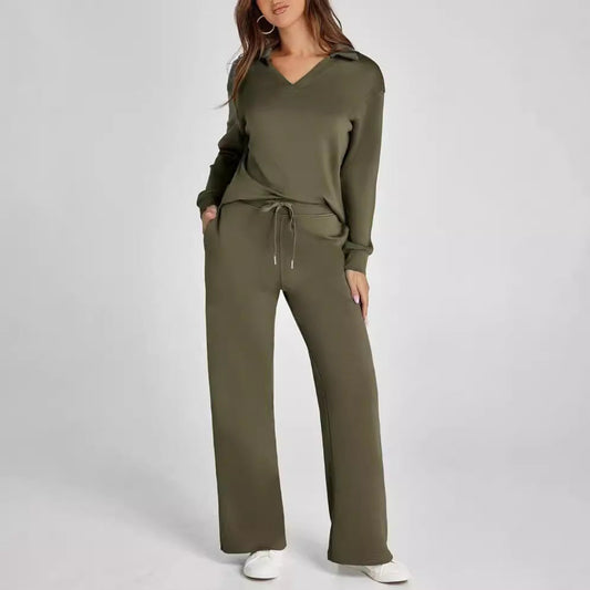 Megan – Lockeres V-Ausschnitt-Set mit Kordelzug und elastischer Taille