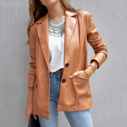 Ann – Langer Damen-PU-Cardigan mit Knöpfen