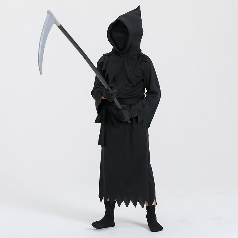 Halloween Kinder Grim Reaper Kostüm mit Sense – Unisex Grusel-Outfit für Halloween-Partys & Trick-or-Treat
