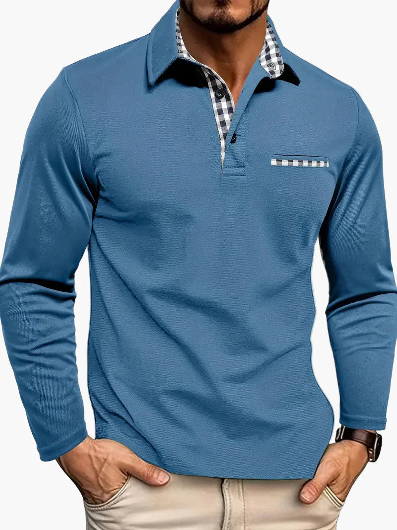 Herren Langarm Poloshirt mit Karomuster-Details – Eleganter und Vielseitiger Freizeitstil