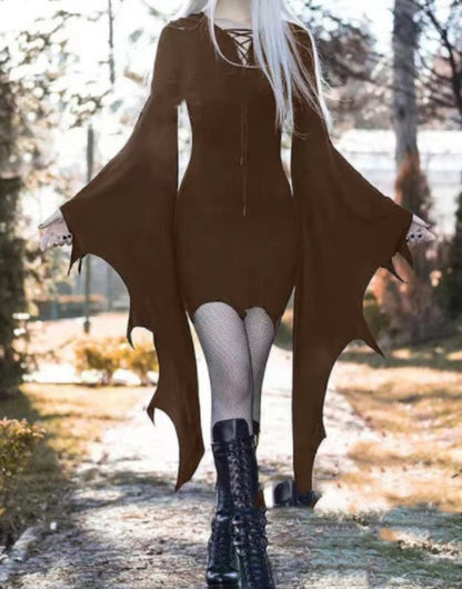 Halloween Damen Kostüm Kleid – Gothic Hexen Kleid mit Fledermausärmeln für Halloween Party & Cosplay