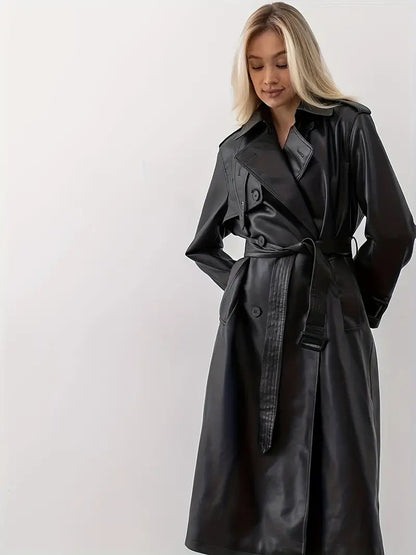 Damen Trenchcoat im Leder-Look – Stilvolle Langjacke mit Taillengürtel und breitem Revers für Alltag und Business