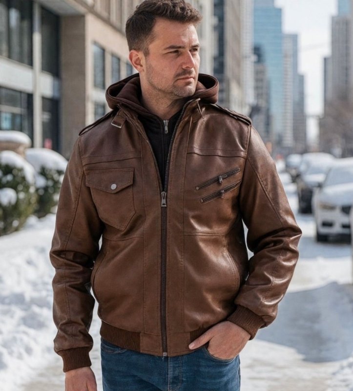 Herren Biker Lederjacke mit abnehmbarer Kapuze – Urban Streetwear für Alltag und Freizeit