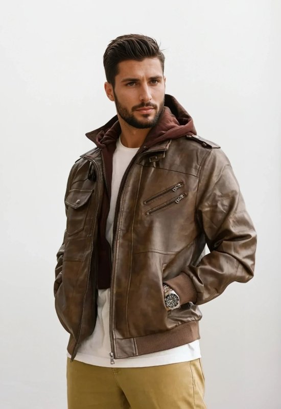 Herren Biker Lederjacke mit abnehmbarer Kapuze – Urban Streetwear für Alltag und Freizeit