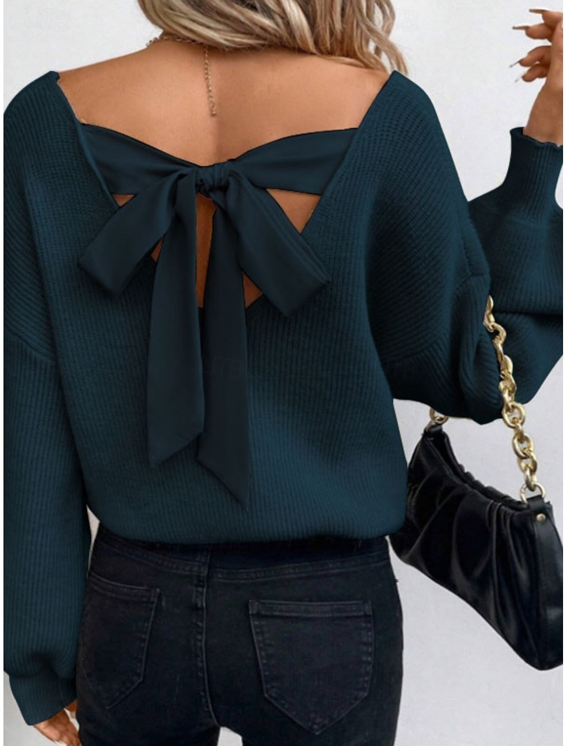 Damen Pullover mit Rückenausschnitt und Schleife – Modischer Strickpullover für Freizeit und Alltag