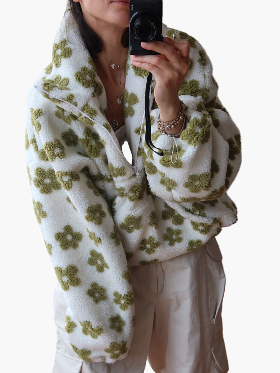 Damen Teddy-Fleece Pullover mit Blumenmuster – Boho Style, Kuschelig und Modisch für Herbst & Freizeit