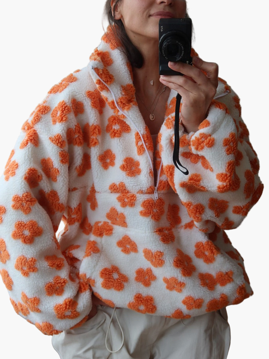 Damen Teddy-Fleece Pullover mit Blumenmuster – Boho Style, Kuschelig und Modisch für Herbst & Freizeit