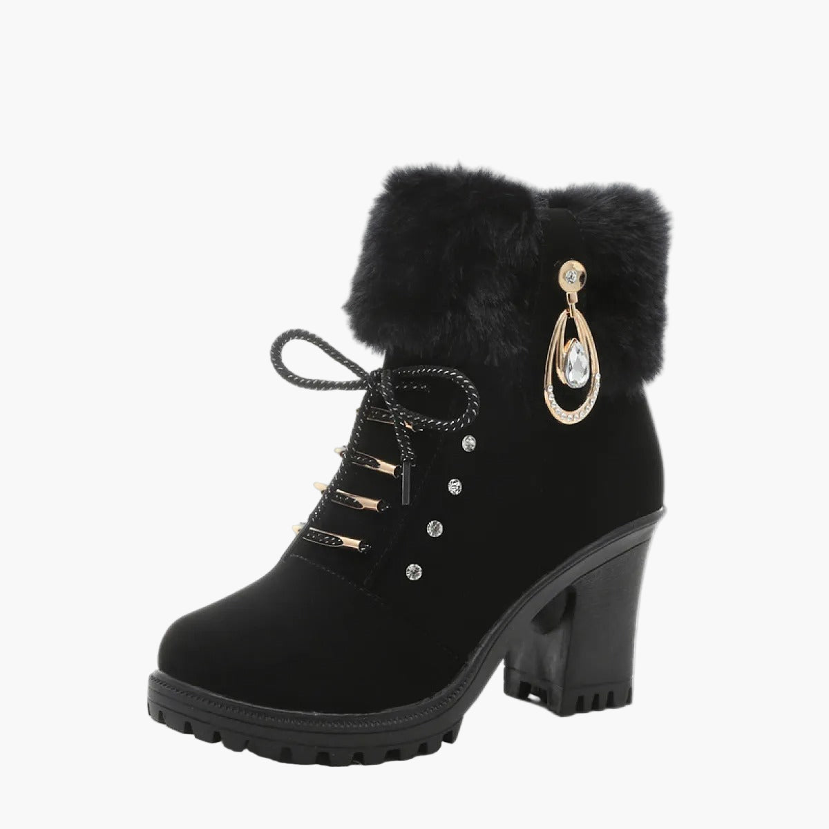 Damen Winterstiefeletten mit Absatz, Schnürung und Kunstfellkragen – Elegante Outdoor-Boots für kalte Tage