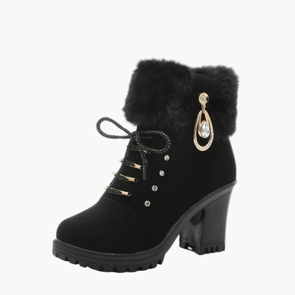 Damen Winterstiefeletten mit Absatz, Schnürung und Kunstfellkragen – Elegante Outdoor-Boots für kalte Tage
