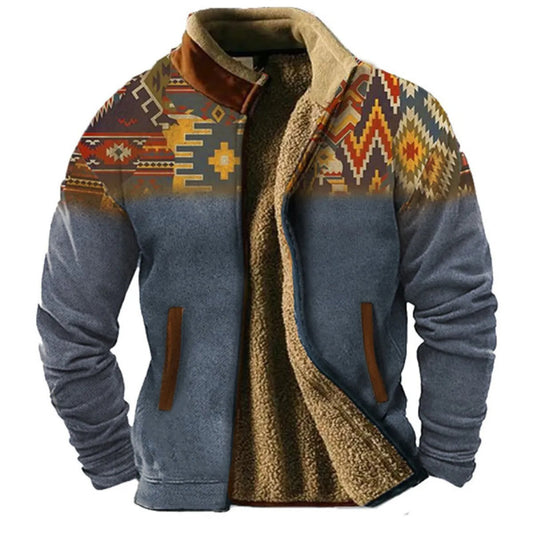 Herren Fleecejacke im Ethno-Stil – Warme Outdoor Freizeitjacke mit Muster