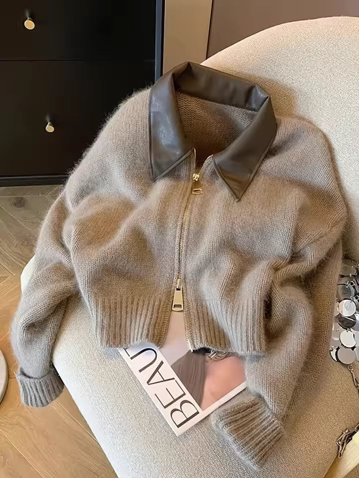 Damen Strickjacke mit Reißverschluss und Kunstlederkragen – Modischer Herbst-Winter Cardigan