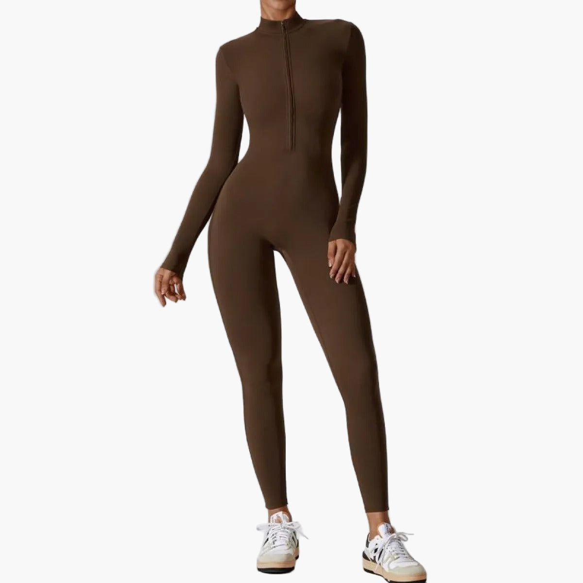 Damen Langarm Einteiler mit Reißverschluss – Figurbetonter Jumpsuit für Sport und Freizeit