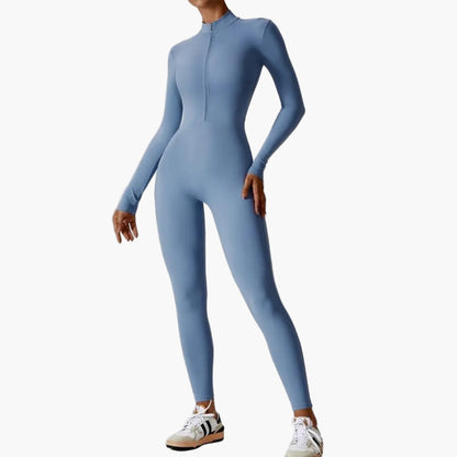 Damen Langarm Einteiler mit Reißverschluss – Figurbetonter Jumpsuit für Sport und Freizeit