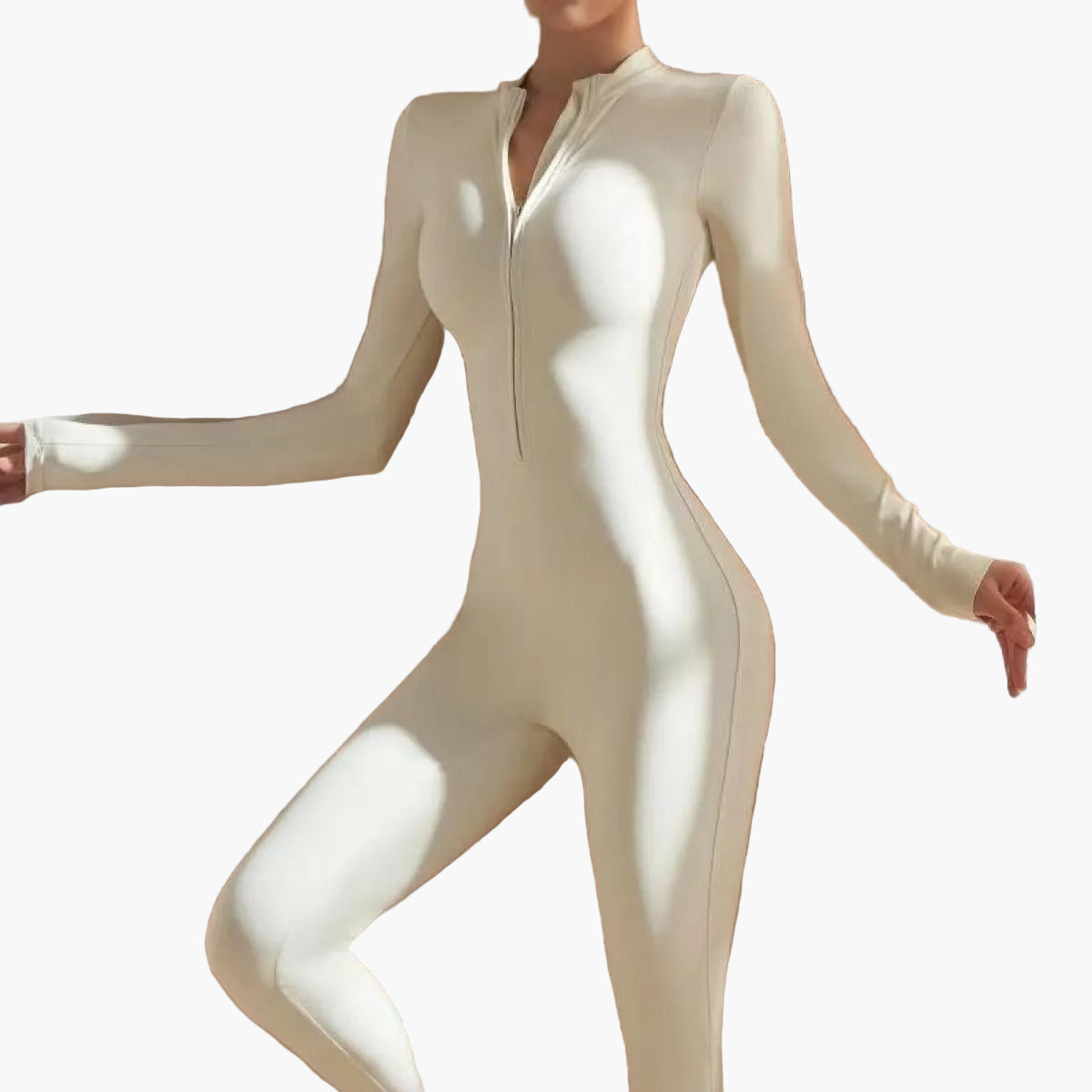 Damen Langarm Einteiler mit Reißverschluss – Figurbetonter Jumpsuit für Sport und Freizeit