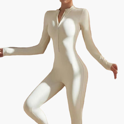Damen Langarm Einteiler mit Reißverschluss – Figurbetonter Jumpsuit für Sport und Freizeit