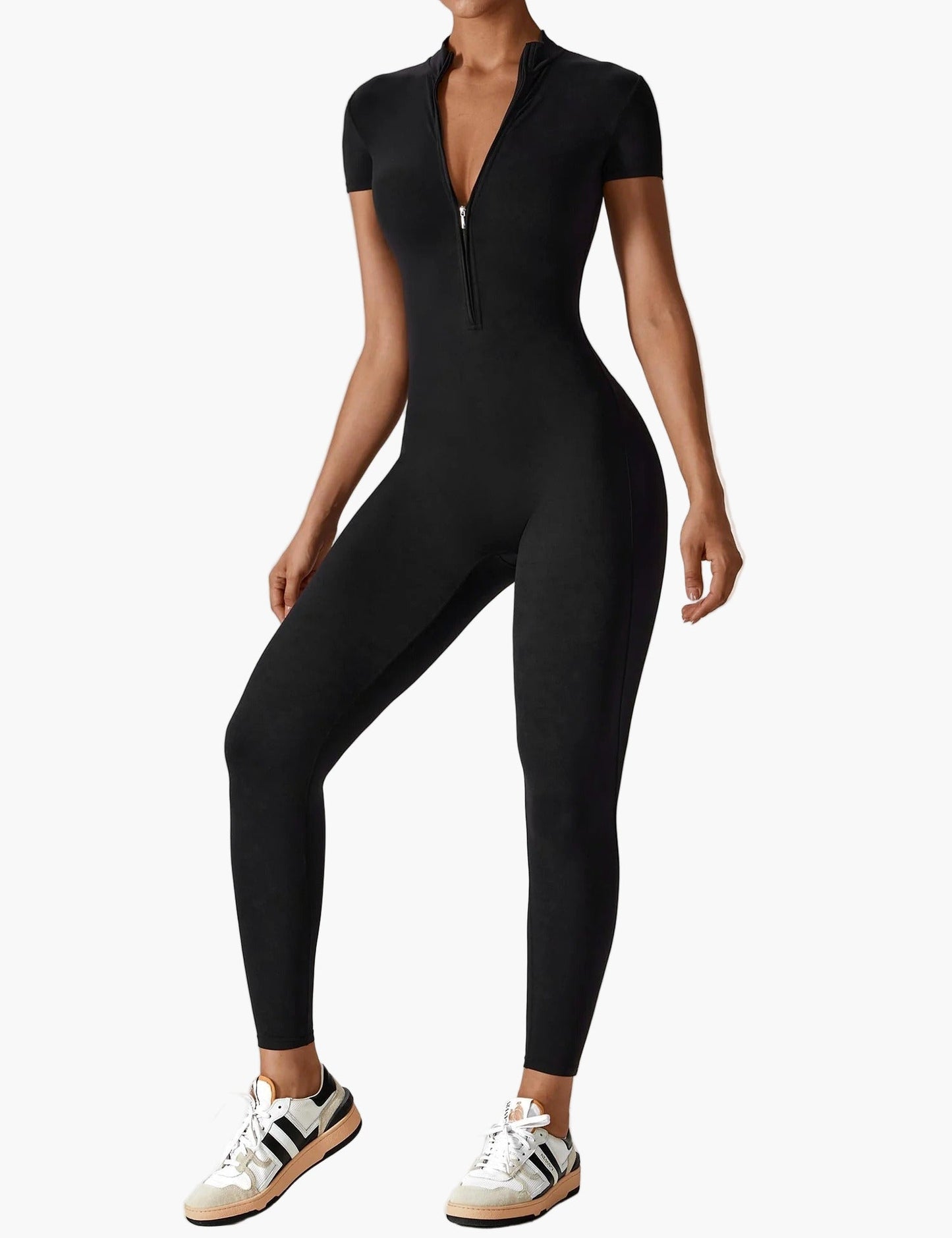 Damen Langarm Einteiler mit Reißverschluss – Figurbetonter Jumpsuit für Sport und Freizeit