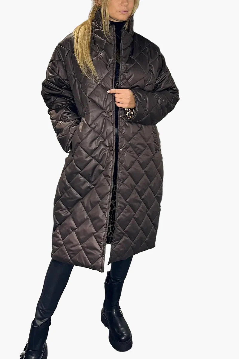 Damen Steppmantel mit Leopardenfutter – Eleganter Wintermantel für Alltag & Freizeit