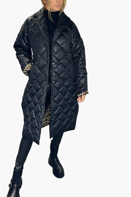 Damen Steppmantel mit Leopardenfutter – Eleganter Wintermantel für Alltag & Freizeit