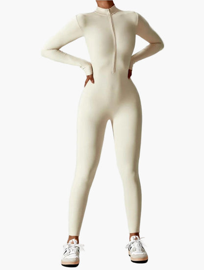 Damen Langarm Einteiler mit Reißverschluss – Figurbetonter Jumpsuit für Sport und Freizeit