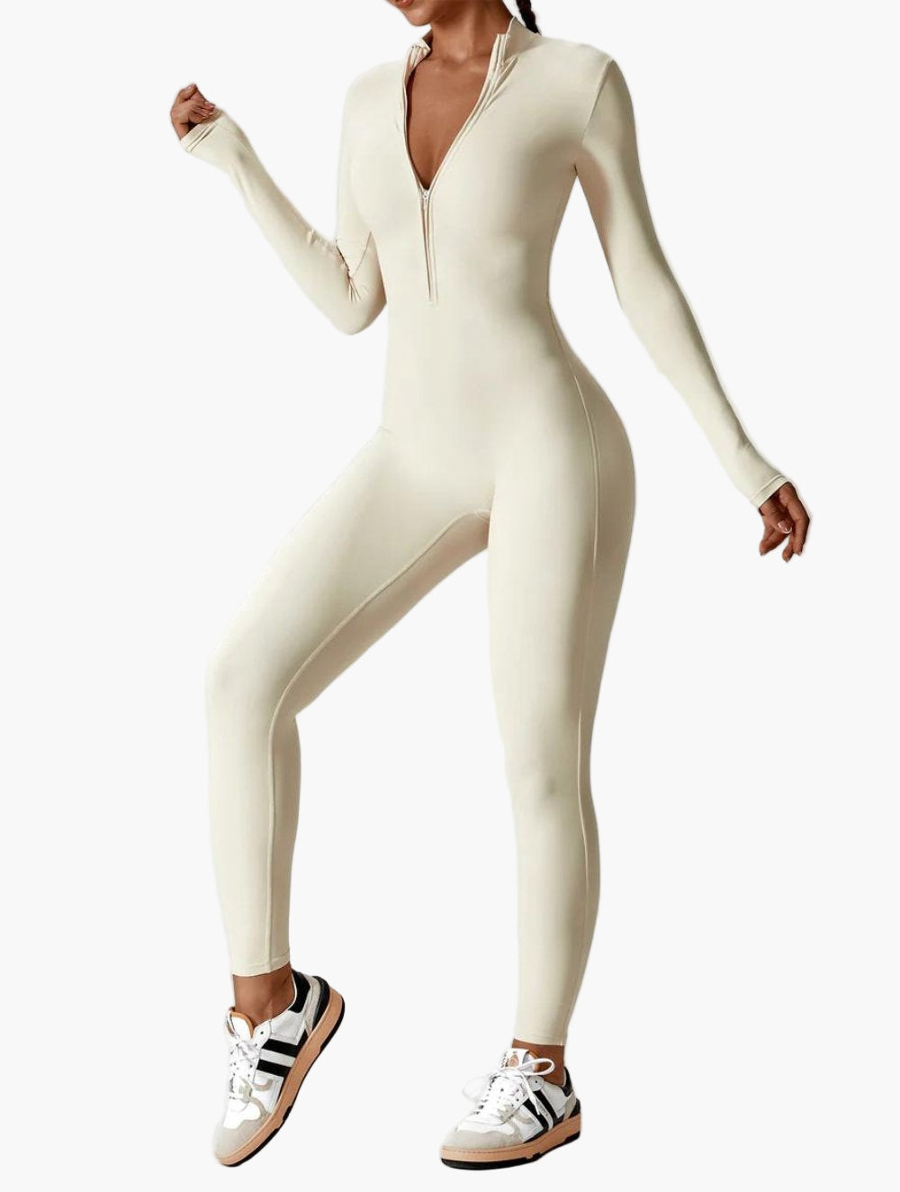 Damen Langarm Einteiler mit Reißverschluss – Figurbetonter Jumpsuit für Sport und Freizeit