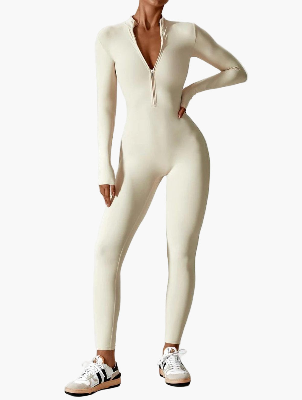 Damen Langarm Einteiler mit Reißverschluss – Figurbetonter Jumpsuit für Sport und Freizeit