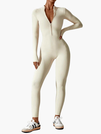 Damen Langarm Einteiler mit Reißverschluss – Figurbetonter Jumpsuit für Sport und Freizeit