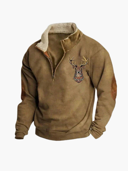 Herren Fleece-Pullover mit Hirschstickerei und Stehkragen – Warmer Freizeit-Sweater mit Viertelreißverschluss