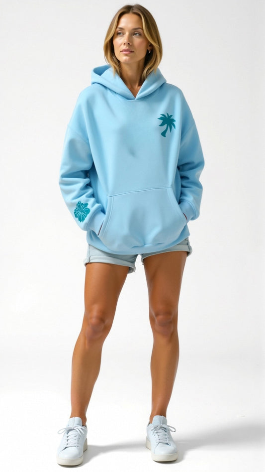 Damen Oversized Kapuzenpullover mit tropischen Stickereien – Lässiger Streetstyle Hoodie für Alltag und Freizeit