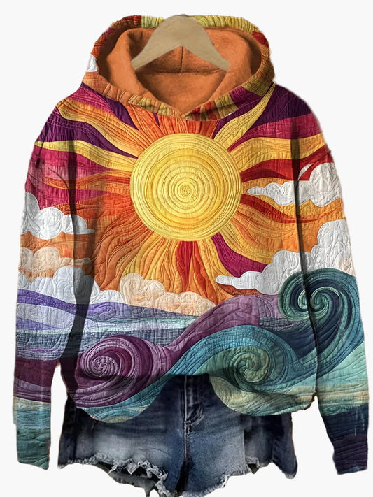 Damen Hoodie mit künstlerischem Sonnen- und Meeresmotiv – Boho Style Freizeitpullover