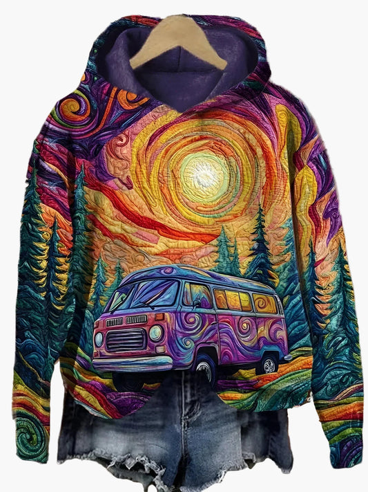 Damen Hoodie mit Retro-Bus Print – Künstlerischer Boho-Look für Freizeit & Festival