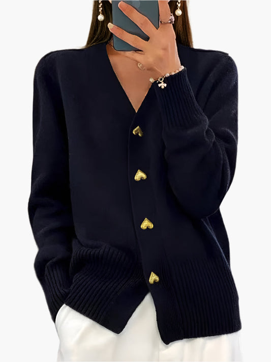 Damen Cardigan mit Herzknöpfen – Eleganter Strick für Herbst und Winter, Freizeit & Büro