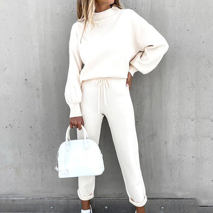 Damen Zweiteiliges Lounge-Set mit Stehkragenpullover und High-Waist-Hose – Komfortable Freizeitmode