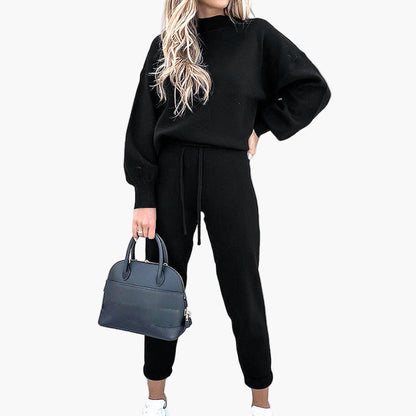 Damen Zweiteiliges Lounge-Set mit Stehkragenpullover und High-Waist-Hose – Komfortable Freizeitmode